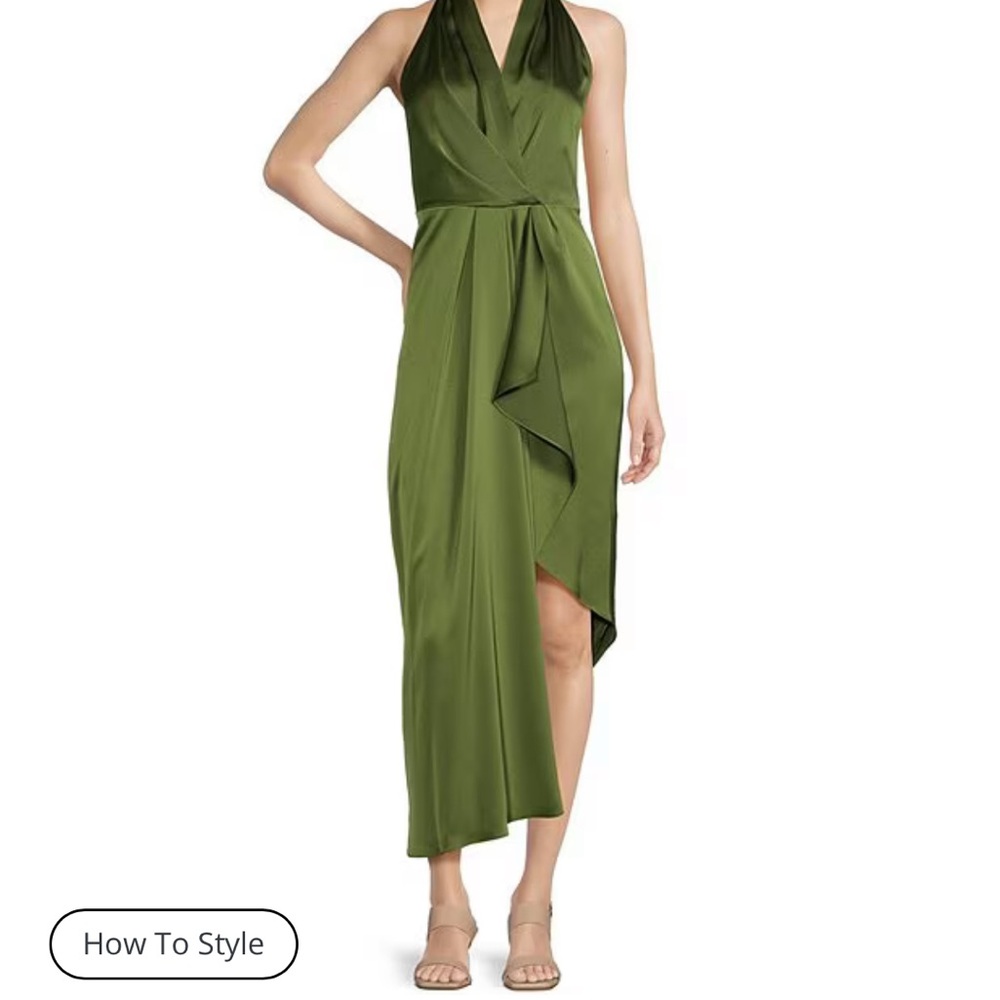 Alex Marie - Hazel Surplice V-Neck Sleeveless Satin Asymmetrical Hem Midi Dress